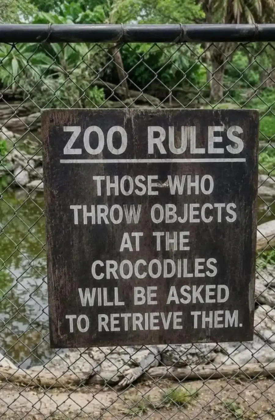 A sign on a fence reads: “Zoo Rules. Those who throw objects at the crocodiles will be asked to retrieve them.” Crocodile habitat and greenery are visible behind the fence.