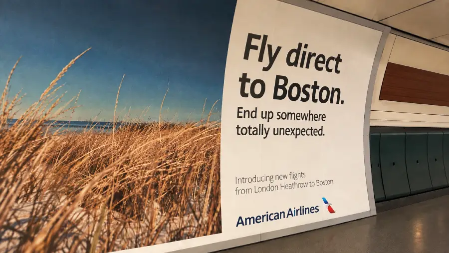 A large American Airlines ad in an airport shows dry grass near a beach and text promoting direct flights to Boston from London Heathrow.