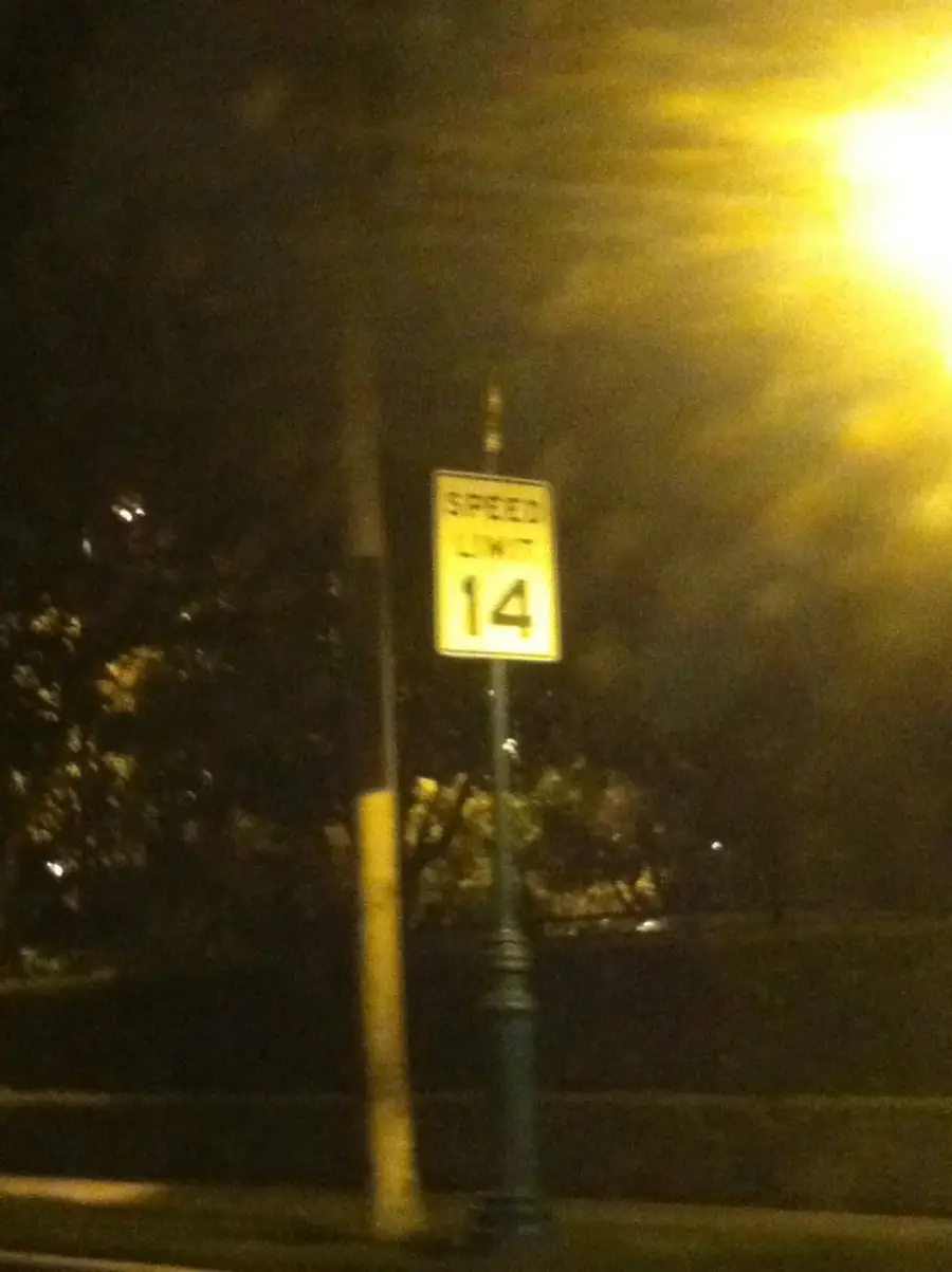 A streetlamp at night illuminates a speed limit sign that unusually reads “Speed Limit 14.” Trees and a grassy area are visible in the dim background.