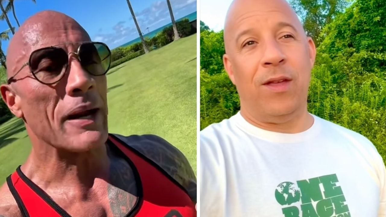 Two men are outdoors in separate locations. The man on the left wears sunglasses and a red tank top, while the man on the right wears a white “One Race” t-shirt. Both are speaking, with greenery and blue skies behind them.
