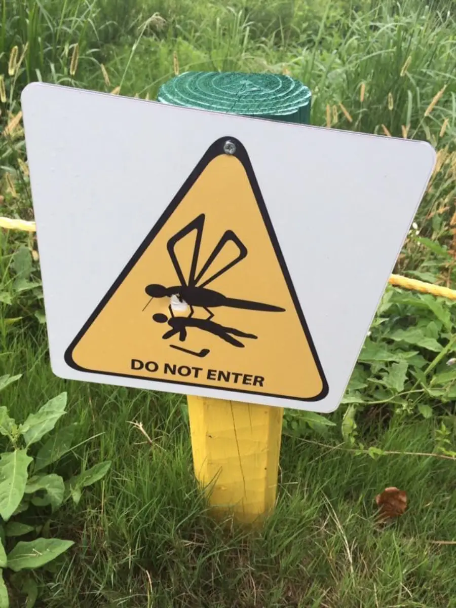 A triangular yellow warning sign shows a giant insect carrying a person with the words “DO NOT ENTER” below it, posted on a grassy area.
