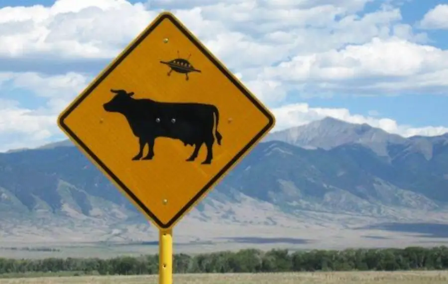 Yellow road sign with a cow silhouette and a flying saucer above it, set against a mountain landscape with a blue sky and clouds.