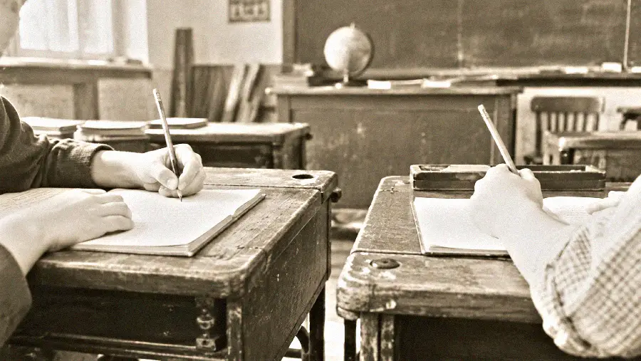 Two students sit at old-fashioned wooden desks, writing on paper with pencils in a classroom. A chalkboard, globe, and empty desks are visible in the background. The photo appears to be vintage or historical.