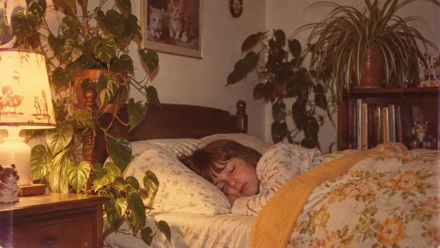 A child sleeps in a cozy, vintage bedroom with floral bedding, surrounded by potted plants, a nightstand lamp, and books. Warm light creates a peaceful, nostalgic atmosphere.