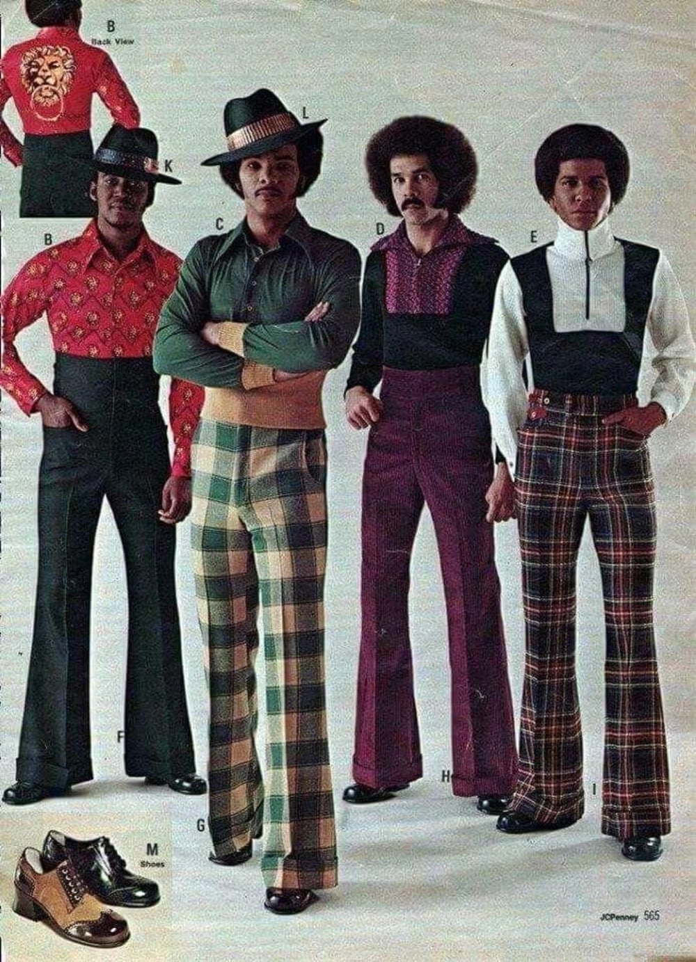 Four men wear colorful 1970s outfits: patterned shirts, plaid or solid flared pants, and dress shoes. Two wear hats. Their styles feature bold prints and wide collars, characteristic of retro fashion.