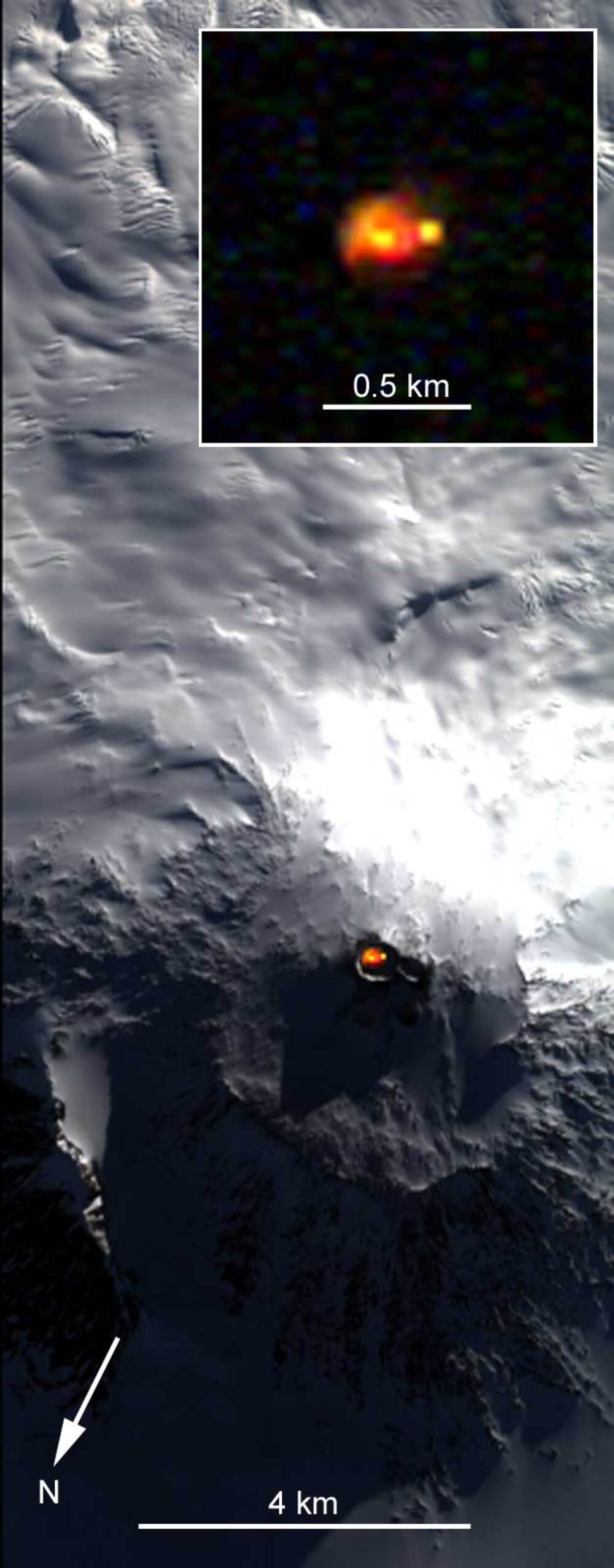 Satellite view of a snow-covered volcano with a glowing thermal hot spot at the crater, including an inset close-up of the volcanic activity.
