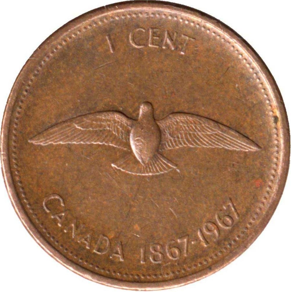 A 1967 Canadian one-cent coin featuring a flying dove, the text “1 CENT,” and the dates “1867-1967.”