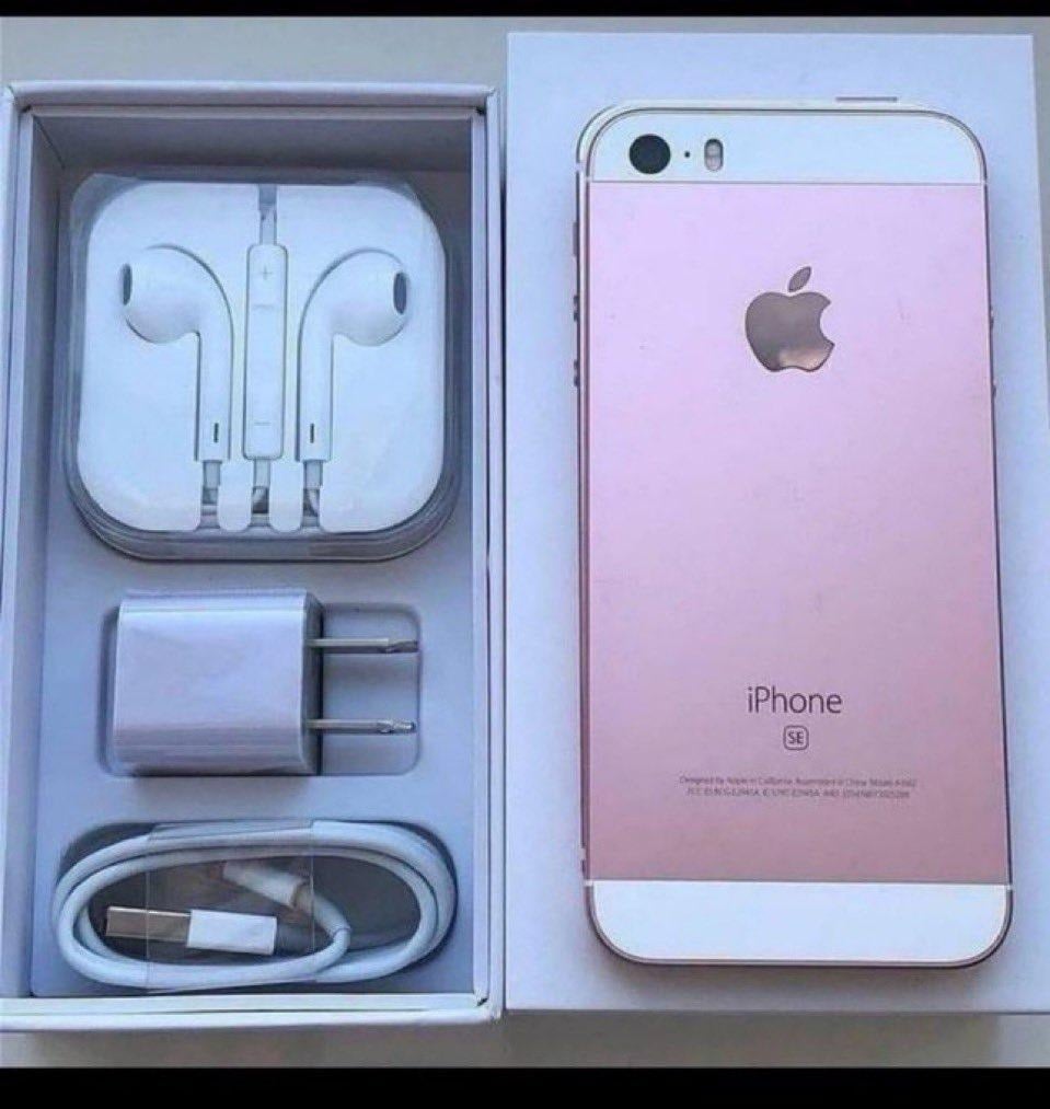 A rose gold iPhone SE in its box with white Apple earphones, a USB power adapter, and a charging cable neatly arranged beside the phone.
