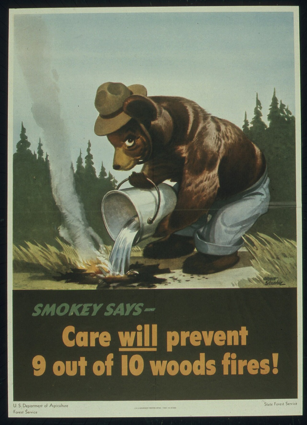 Smokey Bear pouring a bucket of water on a small campfire in the forest, with the text “Smokey says - Care will prevent 9 out of 10 woods fires!”