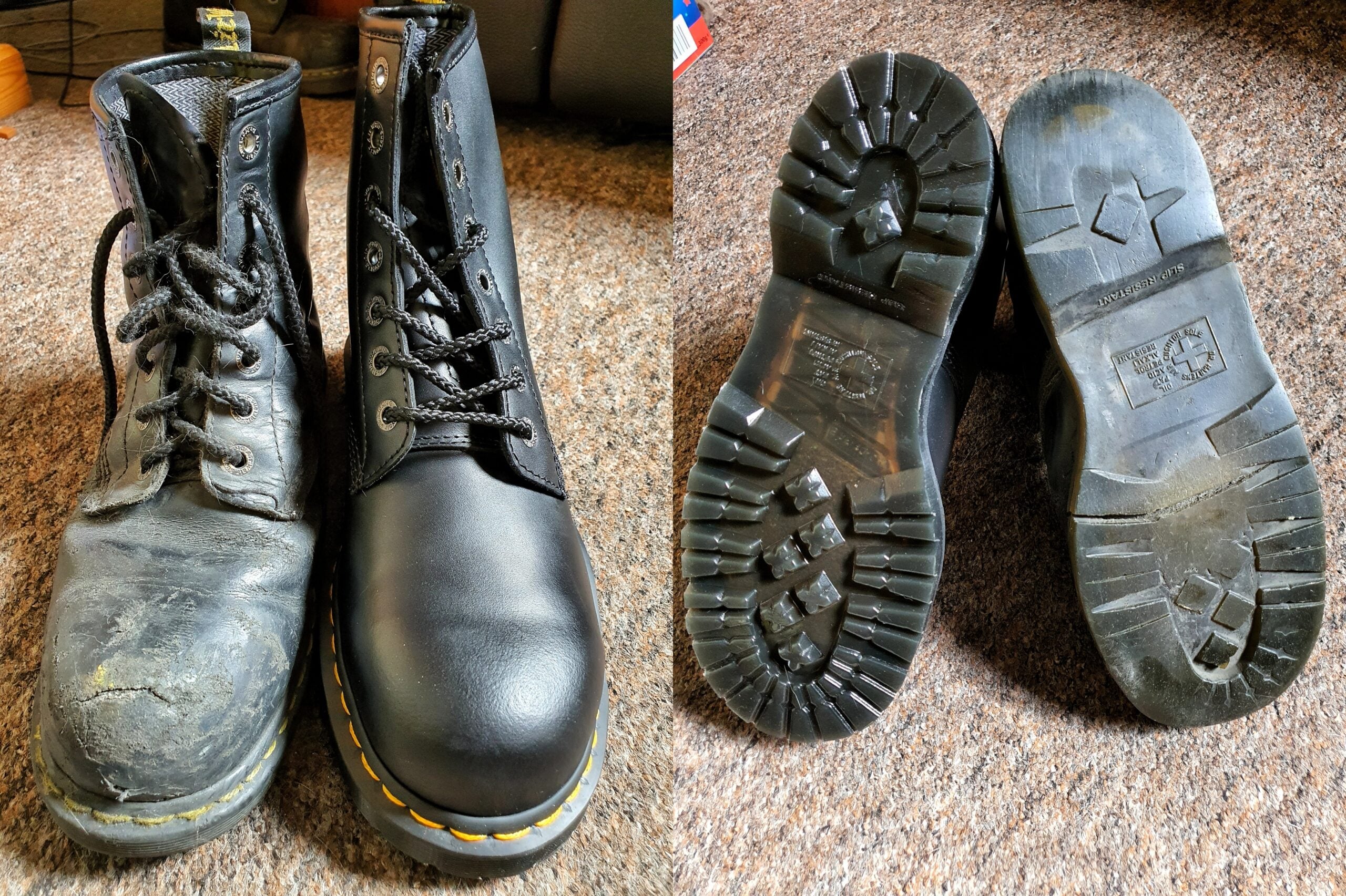 Side-by-side comparison of a worn-in work boot and a new boot, including their different tread wear.