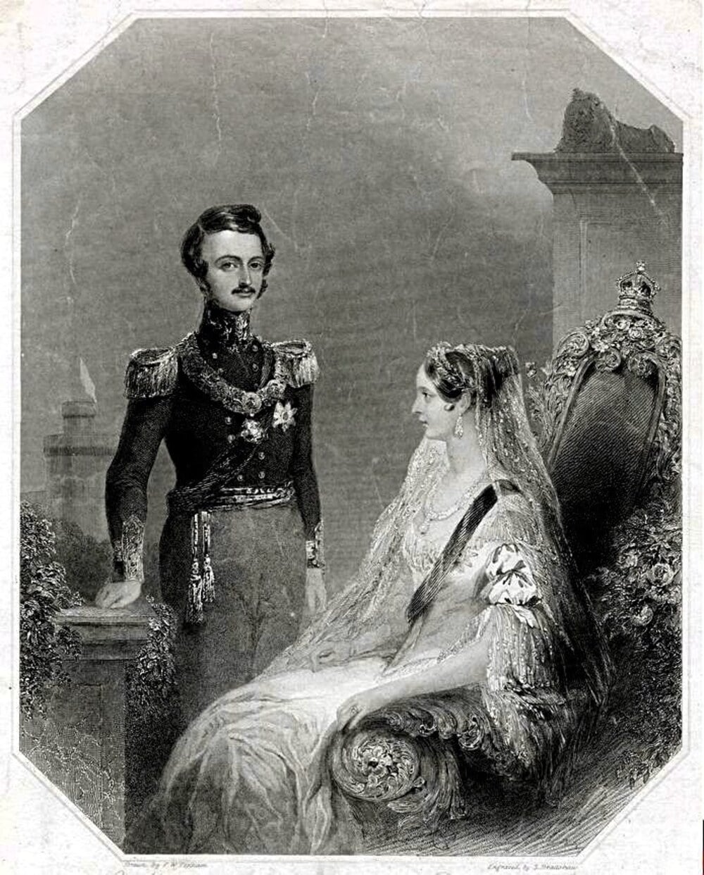 Engraving of Queen Victoria seated in an ornate chair, with Prince Albert standing beside her.