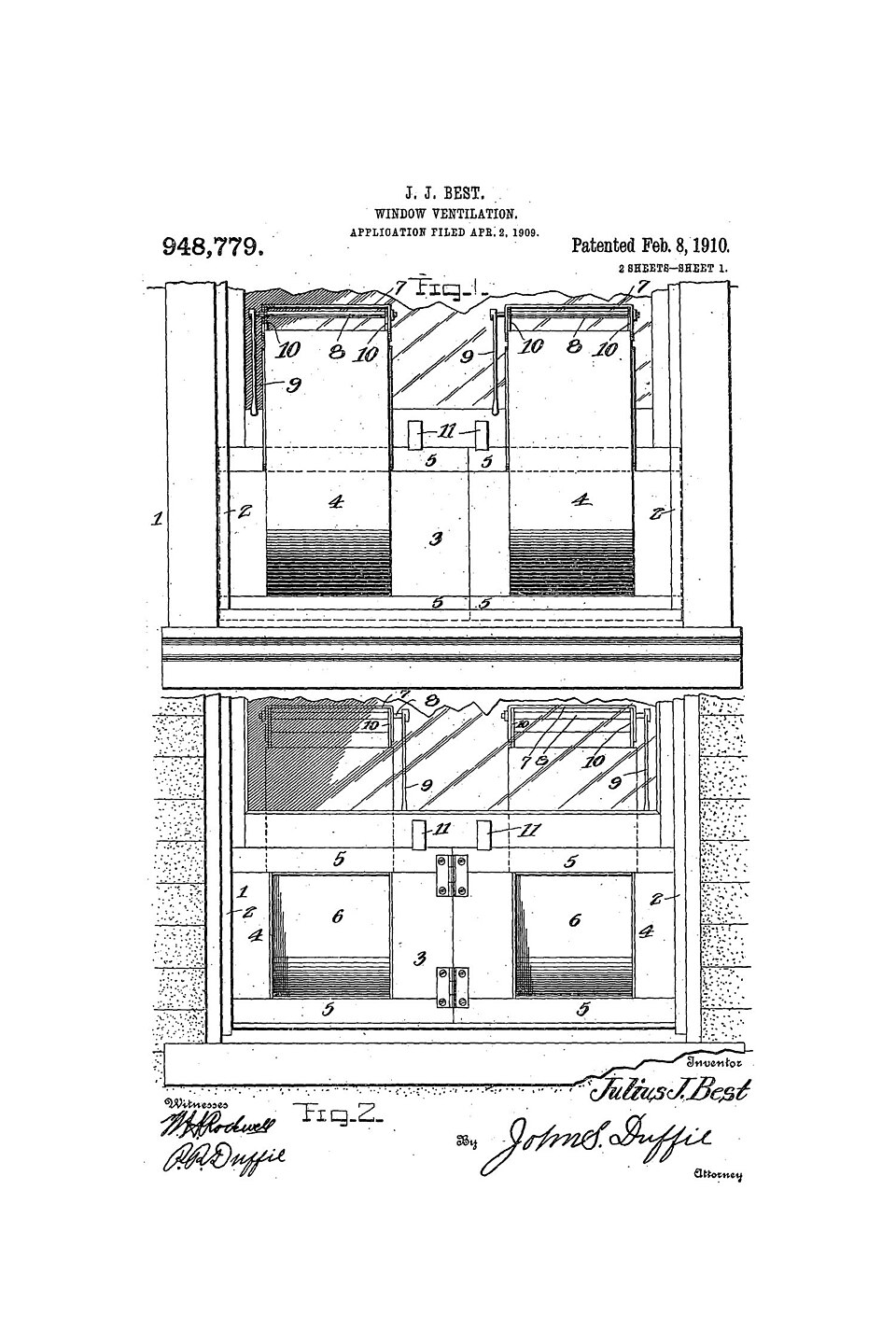 1910 patent illustration for a window ventilation system, showing two figures depicting the mechanism from different angles with numbered components.