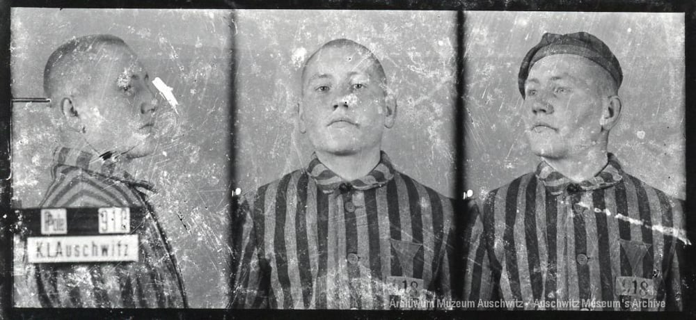 Mugshots of a young man in a striped prison uniform at Auschwitz, shown from three angles.