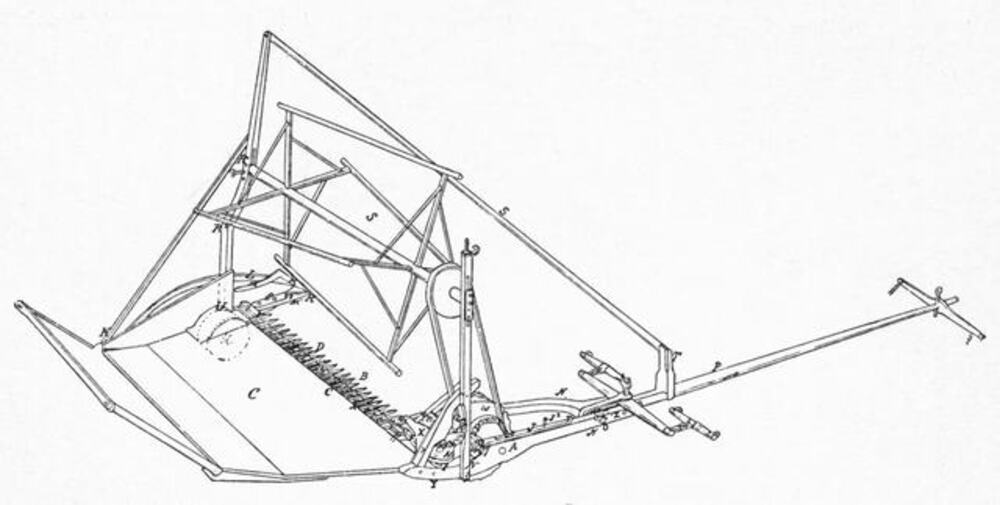 Line drawing of a horse-drawn grain reaper with mechanical cutting blades and a reel.