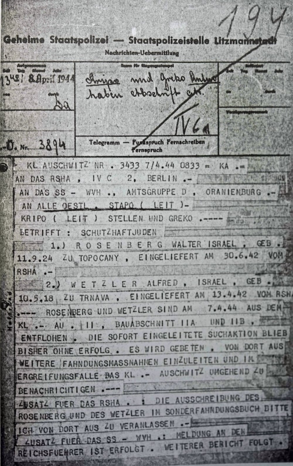 A Nazi Gestapo document from April 1944 reporting the escape of two prisoners, Walter Rosenberg and Alfred Wetzler, from the Auschwitz concentration camp.