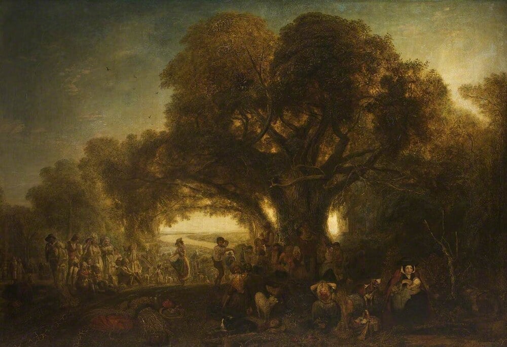 A group of people gathers beneath a large, sprawling tree in a pastoral landscape at sunset.