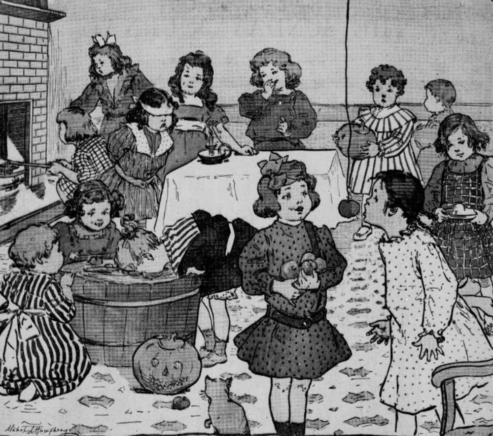 Children in period clothing celebrating Halloween with games, including bobbing for apples, a carved pumpkin, and an apple hanging from a string.