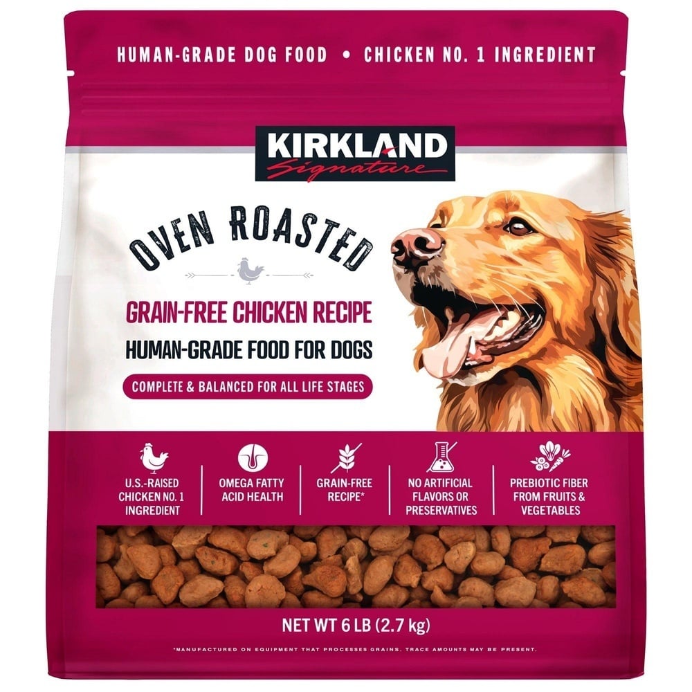 Kirkland Signature grain-free chicken recipe dog food bag featuring an illustration of a dog and listing product benefits like U.S.-raised chicken and omega fatty acids.