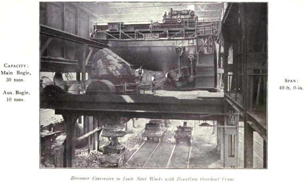 Black-and-white industrial photograph of Bessemer converters in a Leeds steel works with an overhead crane, including text noting a main bogie capacity of 30 tons, an auxiliary bogie capacity of 10 tons, and a 40-foot span.