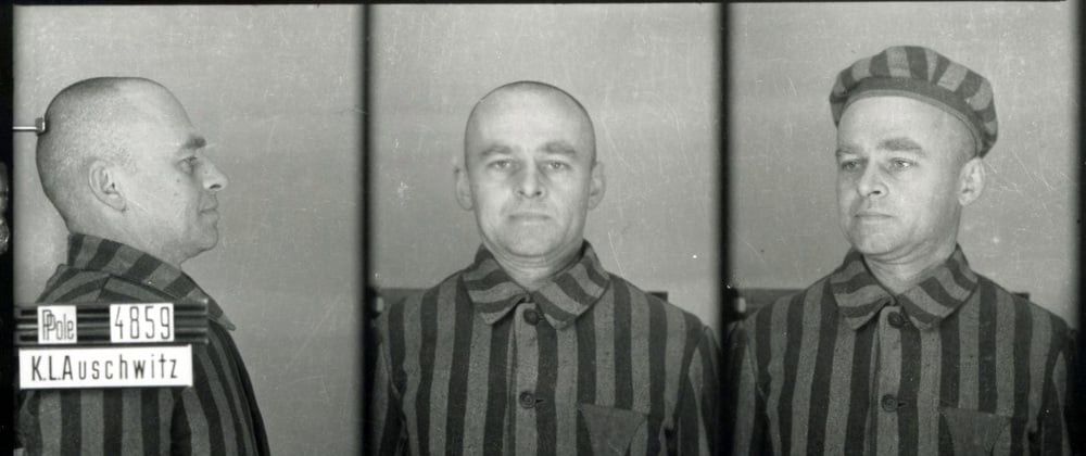 Three mugshot portraits of a man with a shaved head wearing a striped prison uniform, with a placard reading “Pole 4859 K.L. Auschwitz.”
