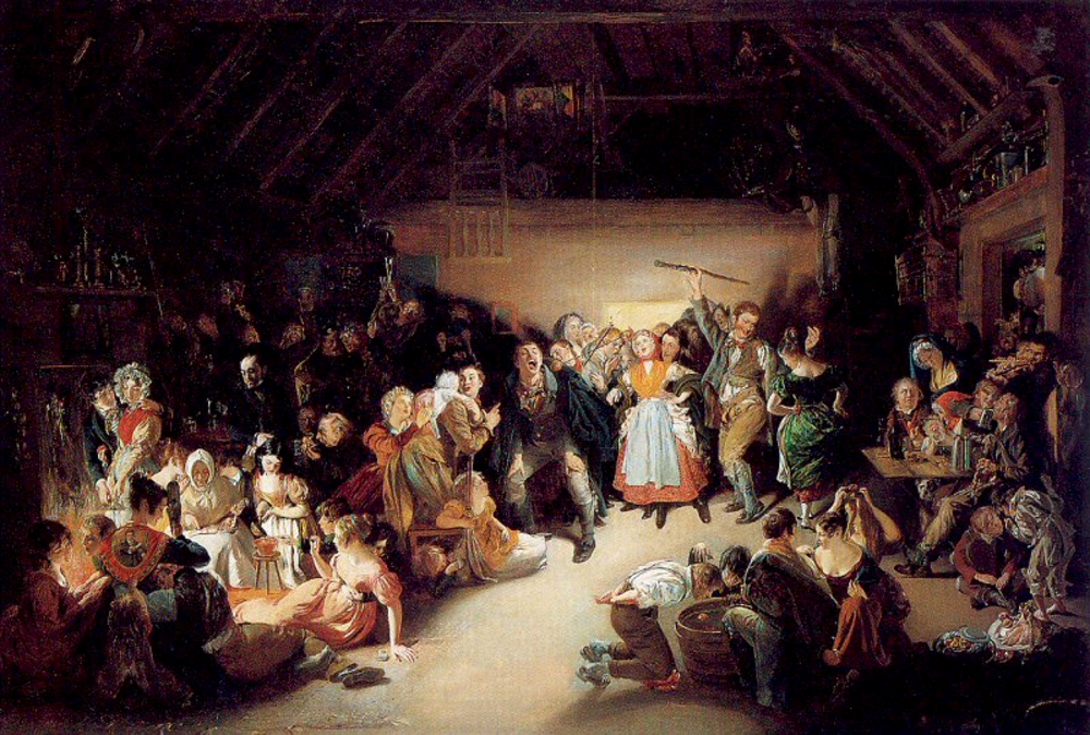 An oil painting of a lively gathering in a rustic interior, with groups of people eating, drinking, and dancing to music played by a man holding a walking stick.