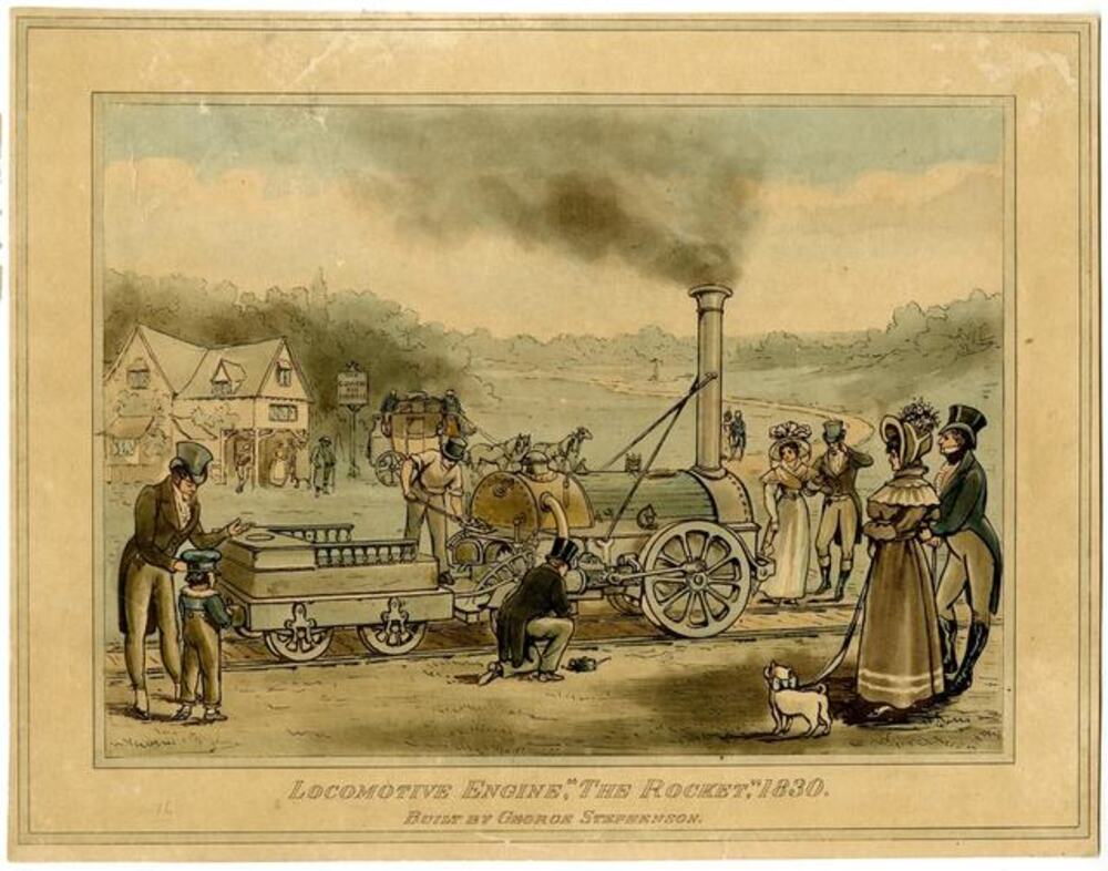 A colored print of George Stephenson’s 1830 locomotive “The Rocket,” showing people in Victorian-era clothing gathered around the engine, with the title text at the bottom.