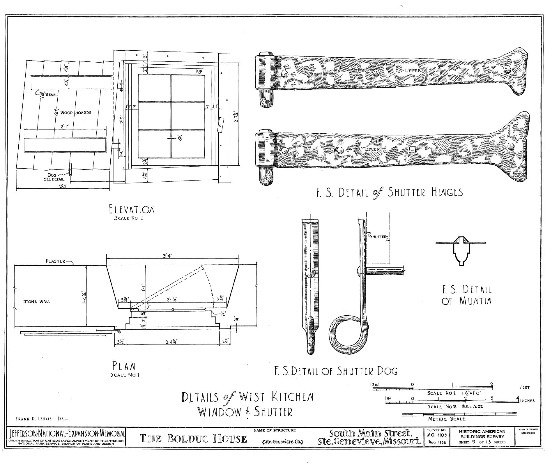 Architectural drawing of the Bolduc House kitchen window and shutter, showing elevation, plan, and full-scale details of hinges and shutter dogs.