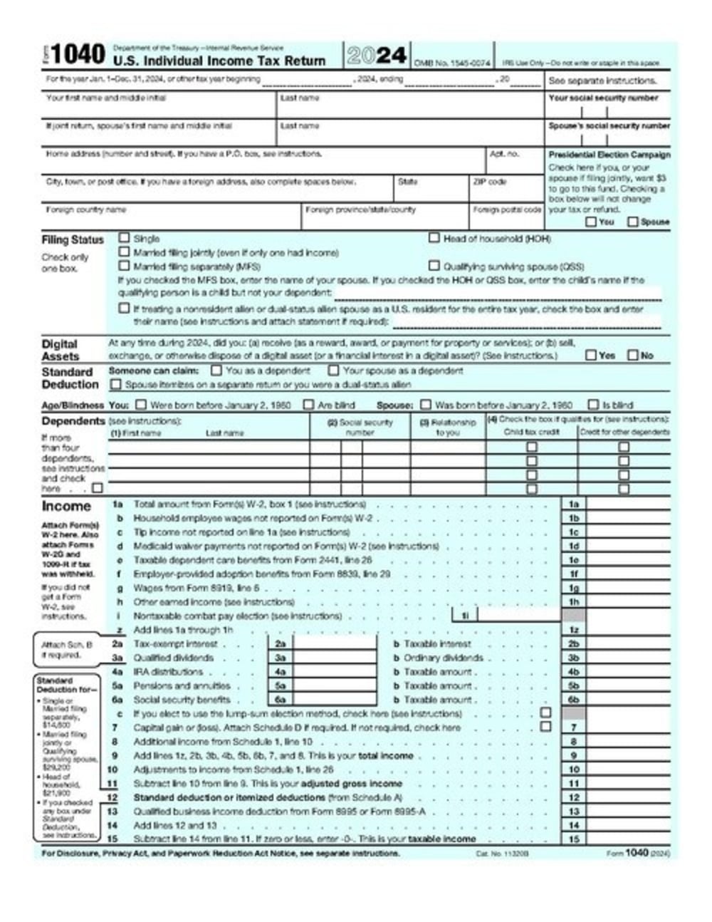 U.S. Internal Revenue Service Form 1040, U.S. Individual Income Tax Return for the year 2024.