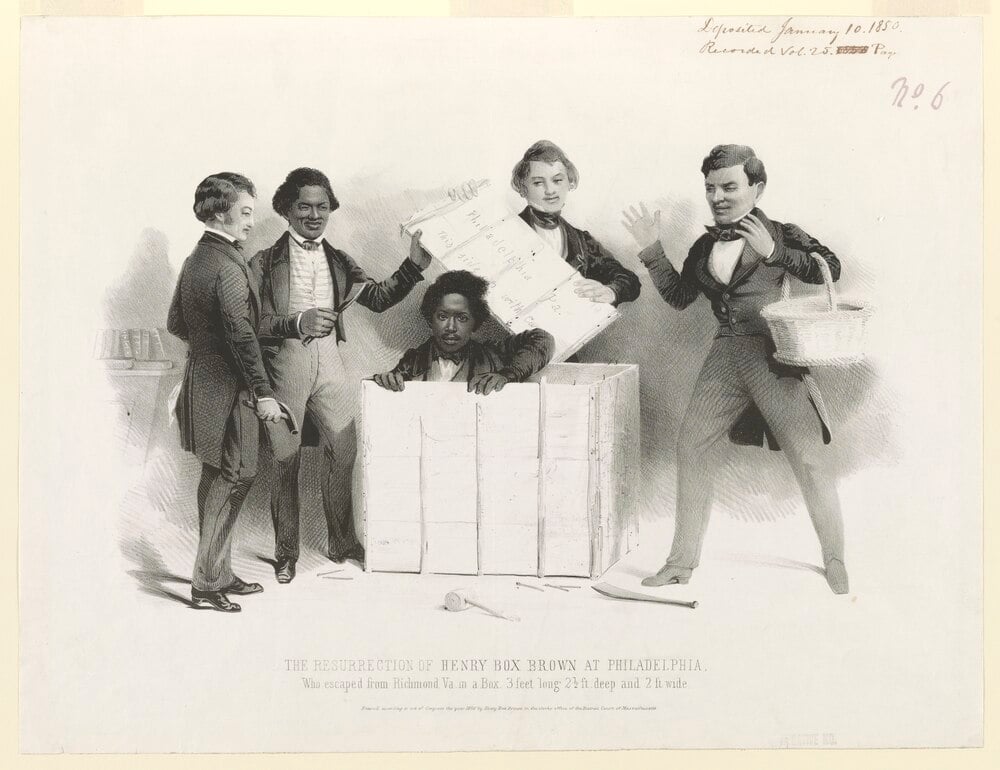 Lithograph titled “The Resurrection of Henry Box Brown at Philadelphia,” depicting Henry Box Brown emerging from a wooden crate surrounded by four men.