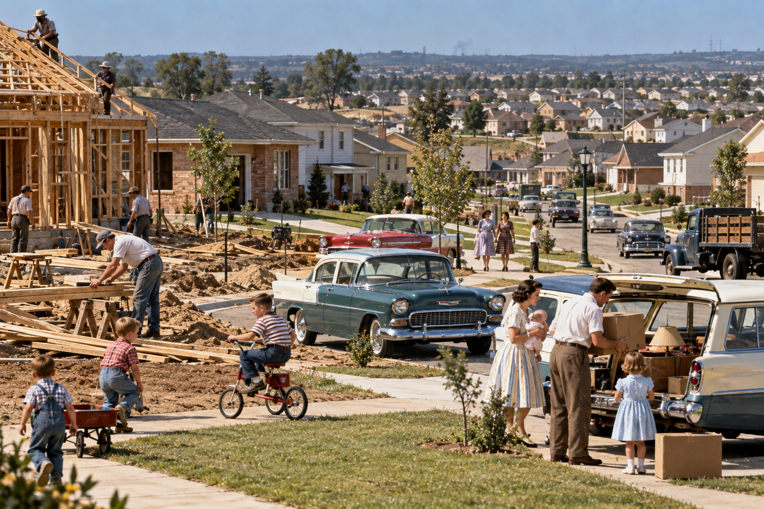 A suburban neighborhood scene shows construction workers building a house on the left, while a family unloads boxes from a station wagon in the foreground and a child rides a tricycle nearby.