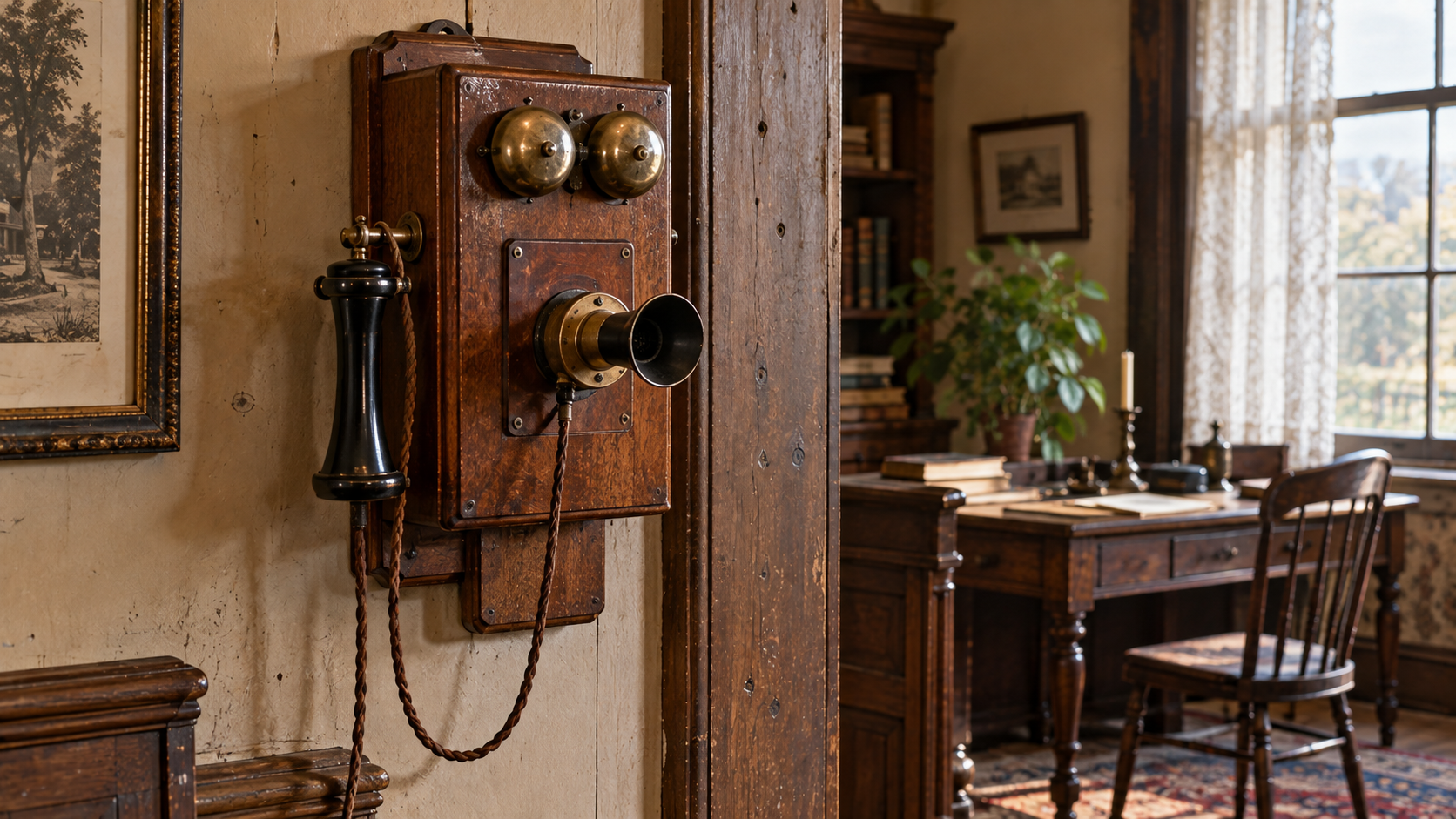 An antique wall-mounted wooden telephone with a black receiver and brass bells.