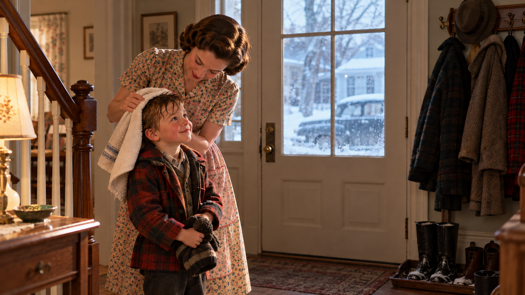 A woman in a floral dress dries a smiling boy’s hair with a towel in a vintage home entryway. Snow is visible through the front door window. Coats hang nearby.