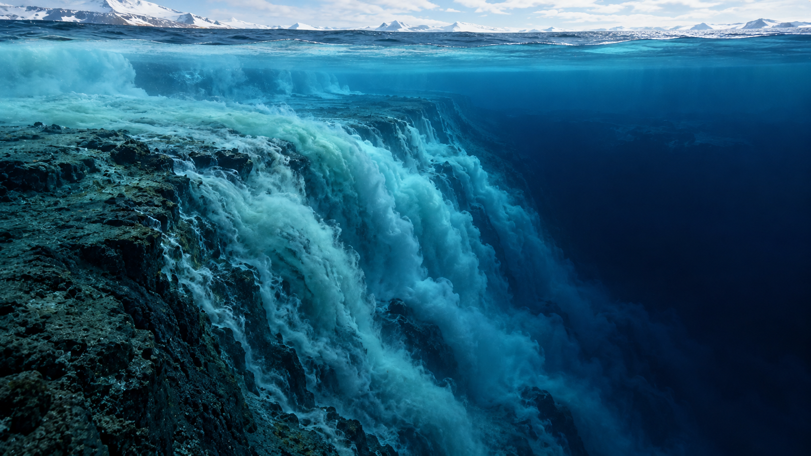 Split-level view of an underwater waterfall dropping into the deep ocean beneath a horizon of snowy mountains.