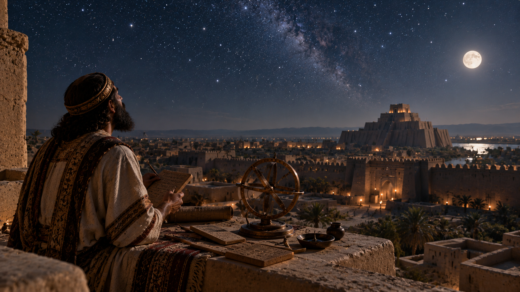 A man in ancient robes sits on a stone wall, writing on a tablet while observing a city with a ziggurat under a starry sky and a full moon.