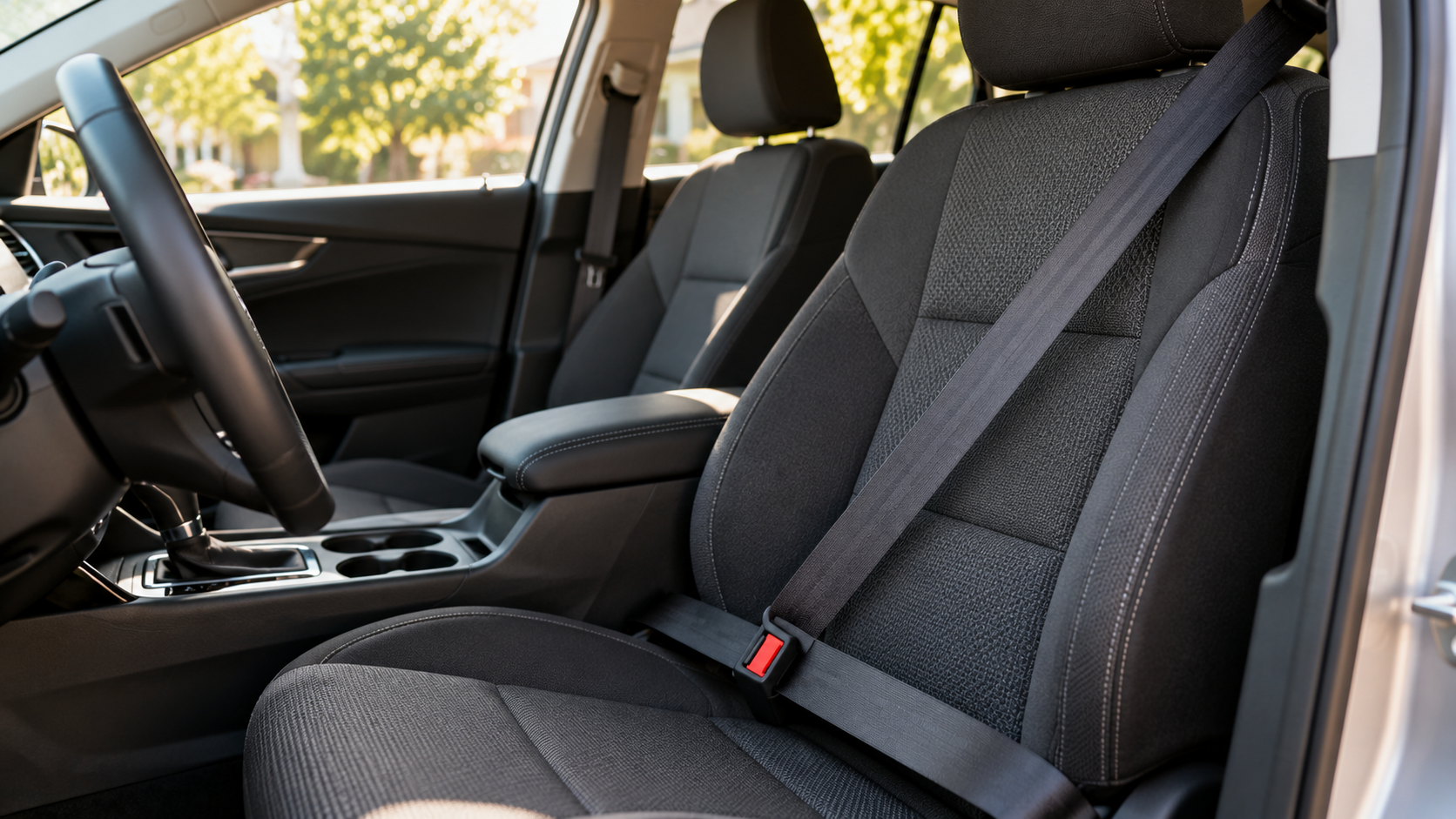 The front interior of a car featuring black fabric seats and a seatbelt buckled across the passenger seat.