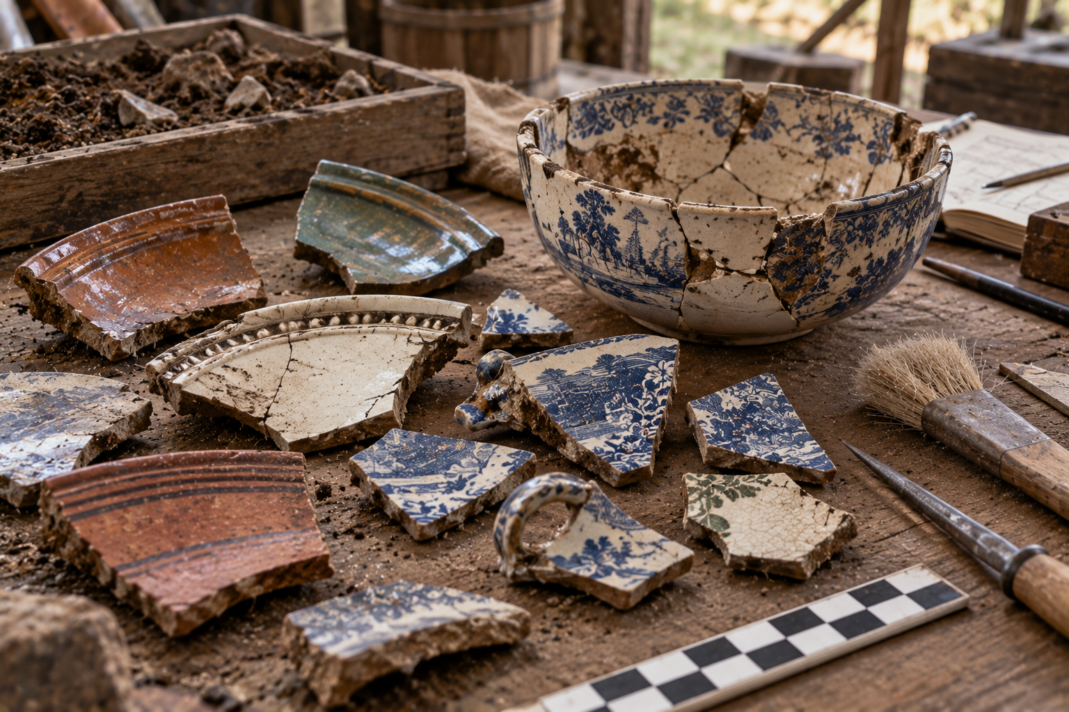 An assortment of broken antique pottery fragments and a partially reconstructed blue and white patterned bowl on a workbench with excavation tools.