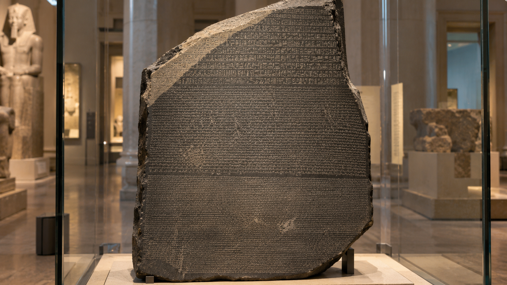 The Rosetta Stone displayed in a glass case, showing three horizontal bands of inscribed ancient Egyptian and Greek scripts.