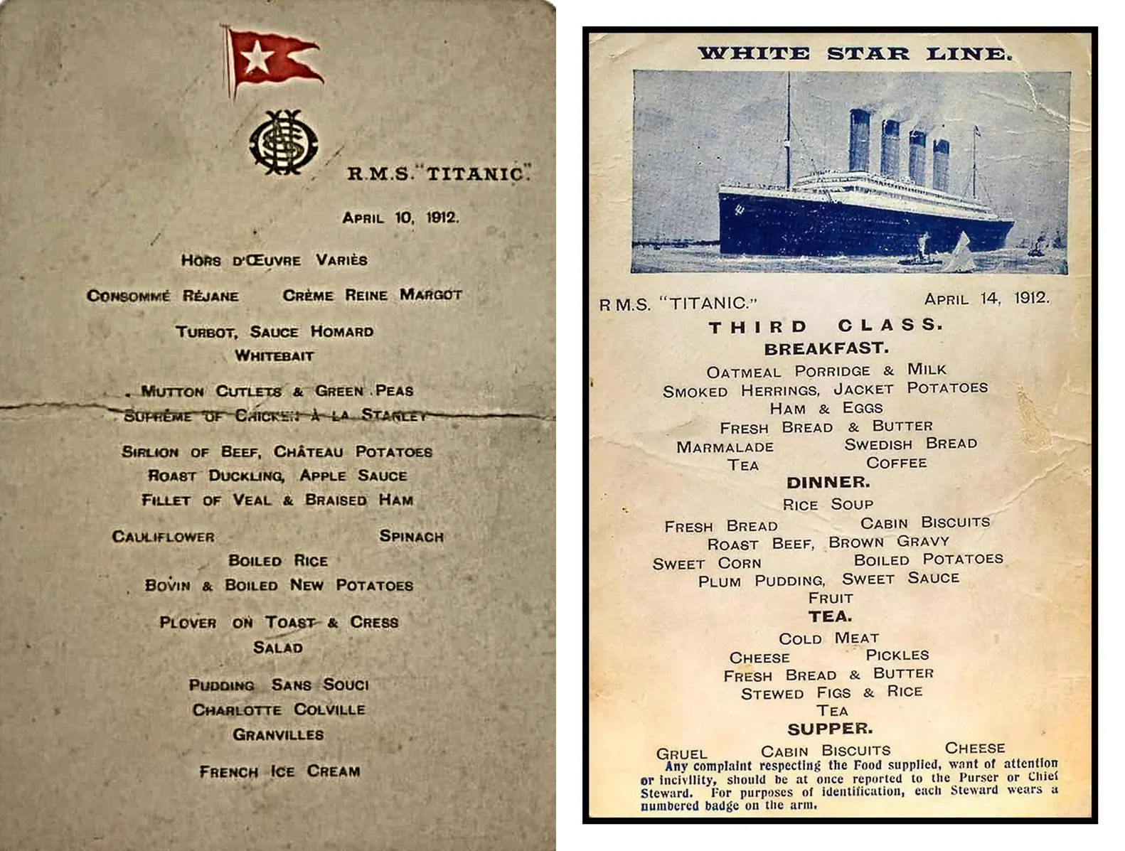 Side-by-side R.M.S. Titanic menus: a first-class dinner menu from April 10, 1912, and a third-class breakfast, dinner, and supper menu from April 14, 1912, featuring an illustration of the ship.