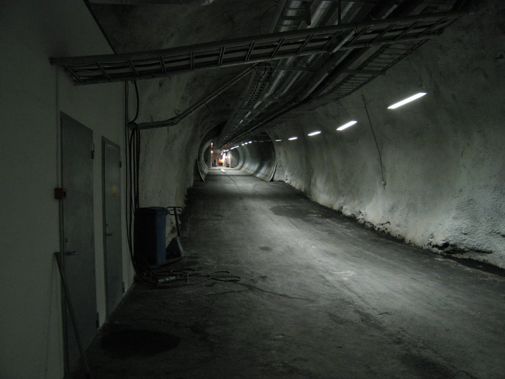 A long, dimly lit tunnel with raw concrete walls, illuminated by a row of ceiling lights leading to a distant exit.