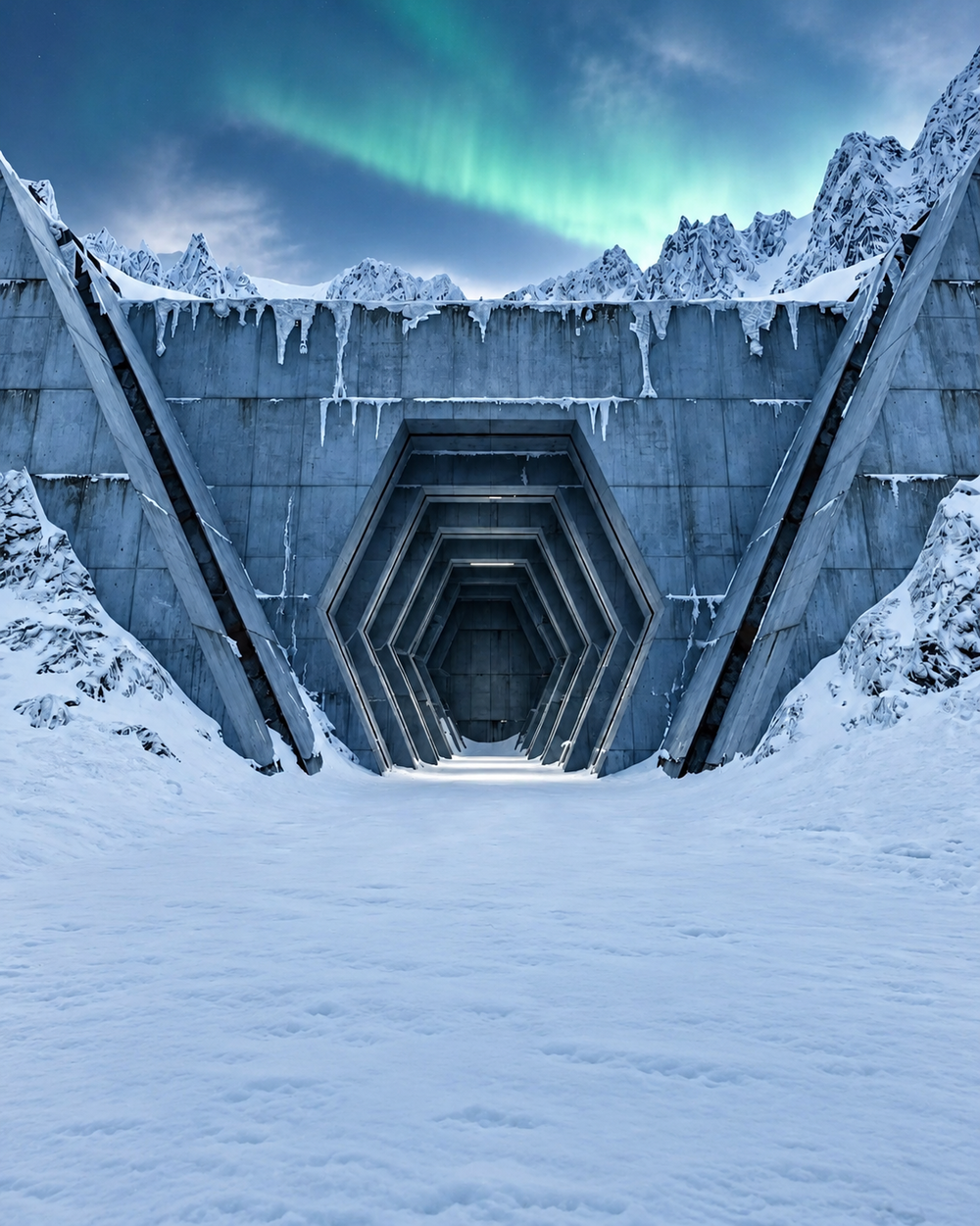 A hexagonal concrete tunnel entrance set into a snowy mountain range beneath an aurora borealis.