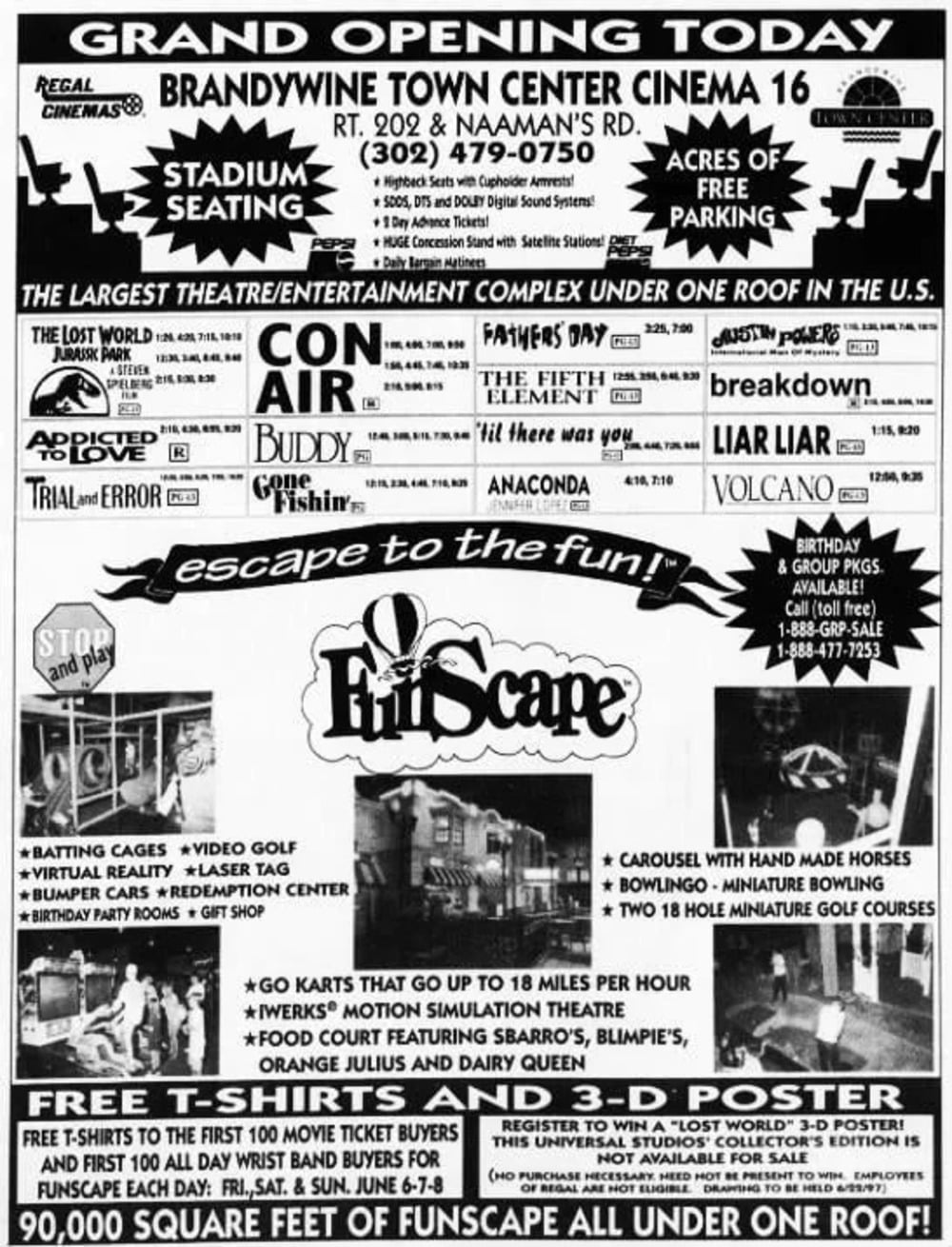 Newspaper advertisement for the grand opening of Brandywine Town Center Cinema 16 and FunScape, featuring movie showtimes, a list of attractions like batting cages and go-karts, and promotional giveaway information.
