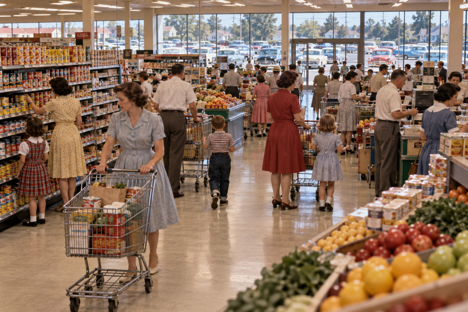 A bustling grocery store filled with people shopping for produce and pantry items, with a parking lot visible through large glass windows.