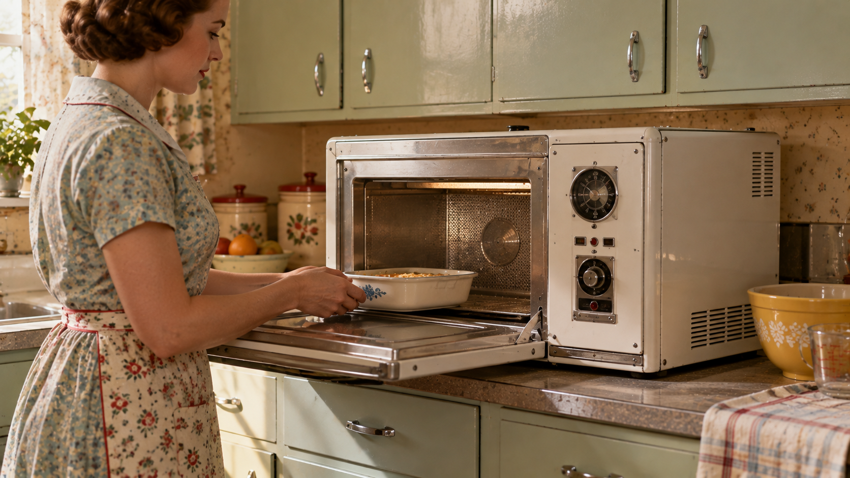 A woman in a floral dress places a baking dish into a vintage white electric oven on a kitchen counter.