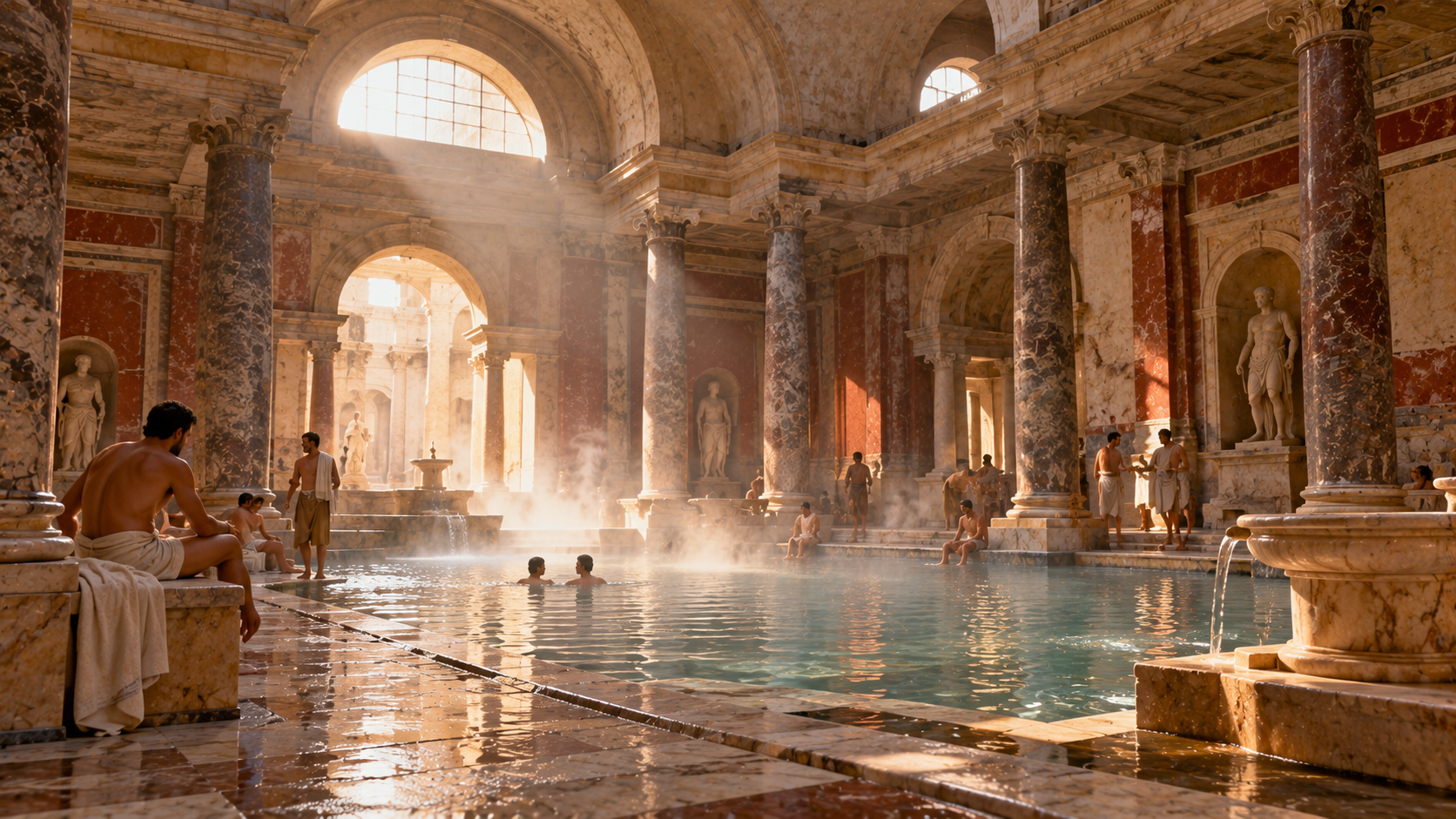 People relaxing in a large, sunlit Roman-style thermal bath house featuring marble columns, statues, and pools of steaming water.