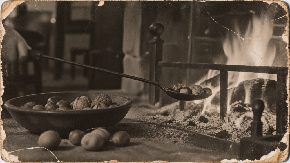 A hand uses a long-handled spoon to roast nuts over a fireplace.
