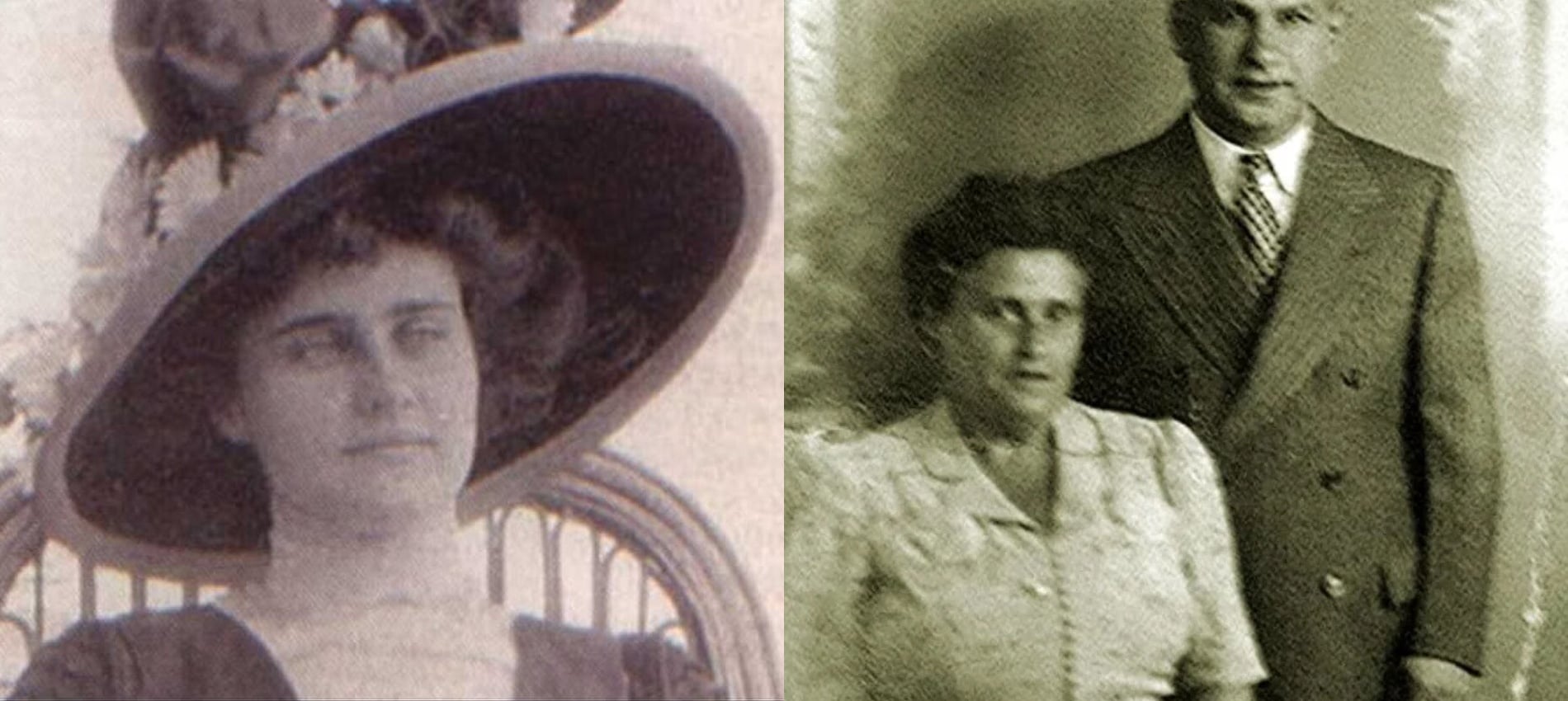 A vintage side-by-side portrait showing a woman in a wide-brimmed hat on the left and an older couple on the right.