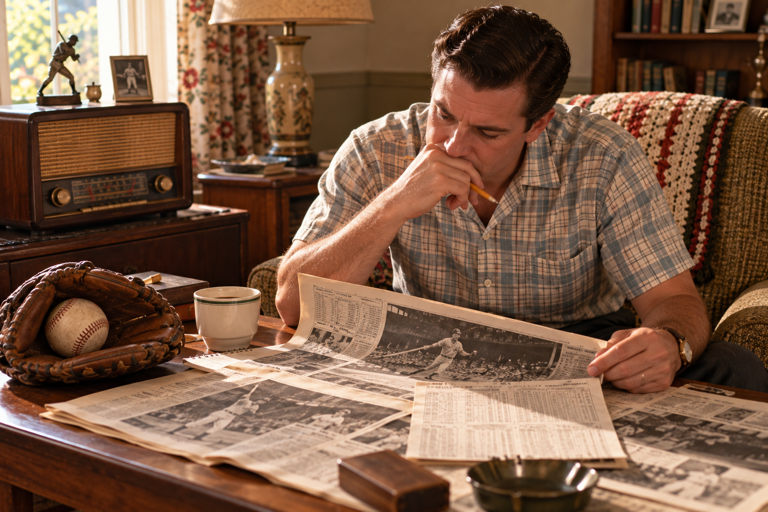 A man in a plaid shirt sits at a desk reading a sports newspaper, with a baseball glove and ball nearby.