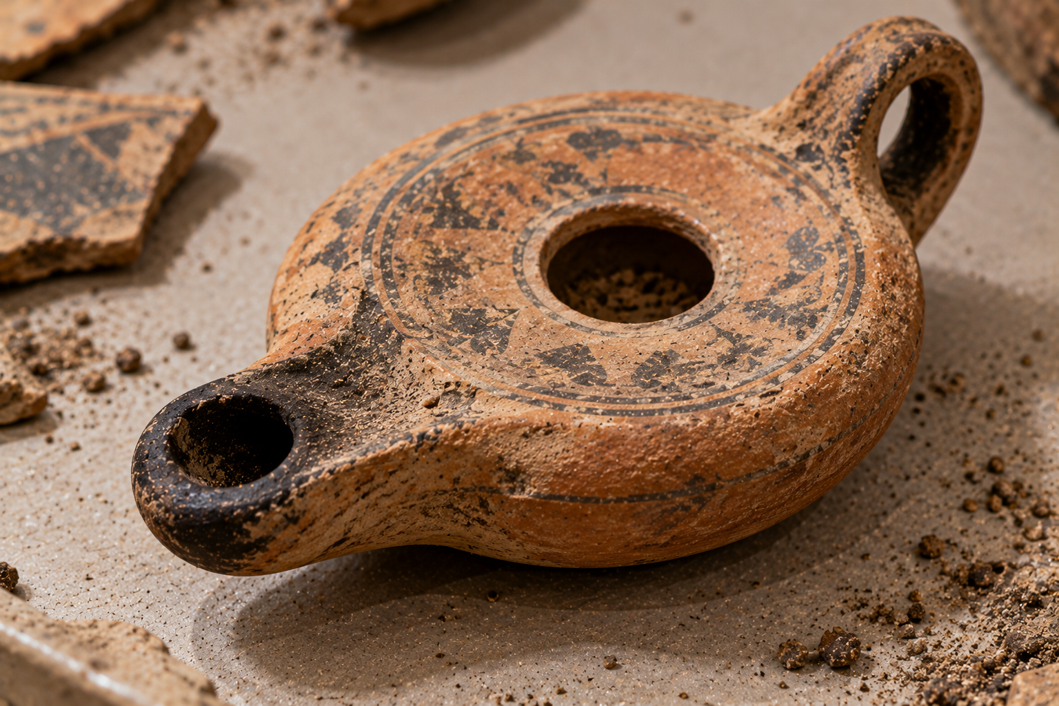 An ancient terracotta oil lamp with dark decorative patterns, surrounded by pottery shards.