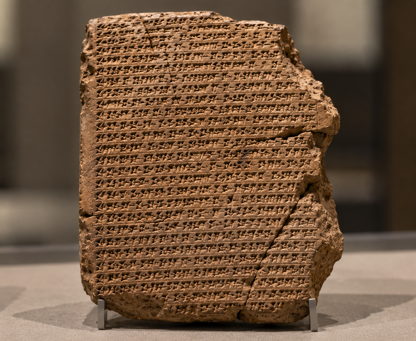 A rectangular clay tablet covered in rows of cuneiform script.
