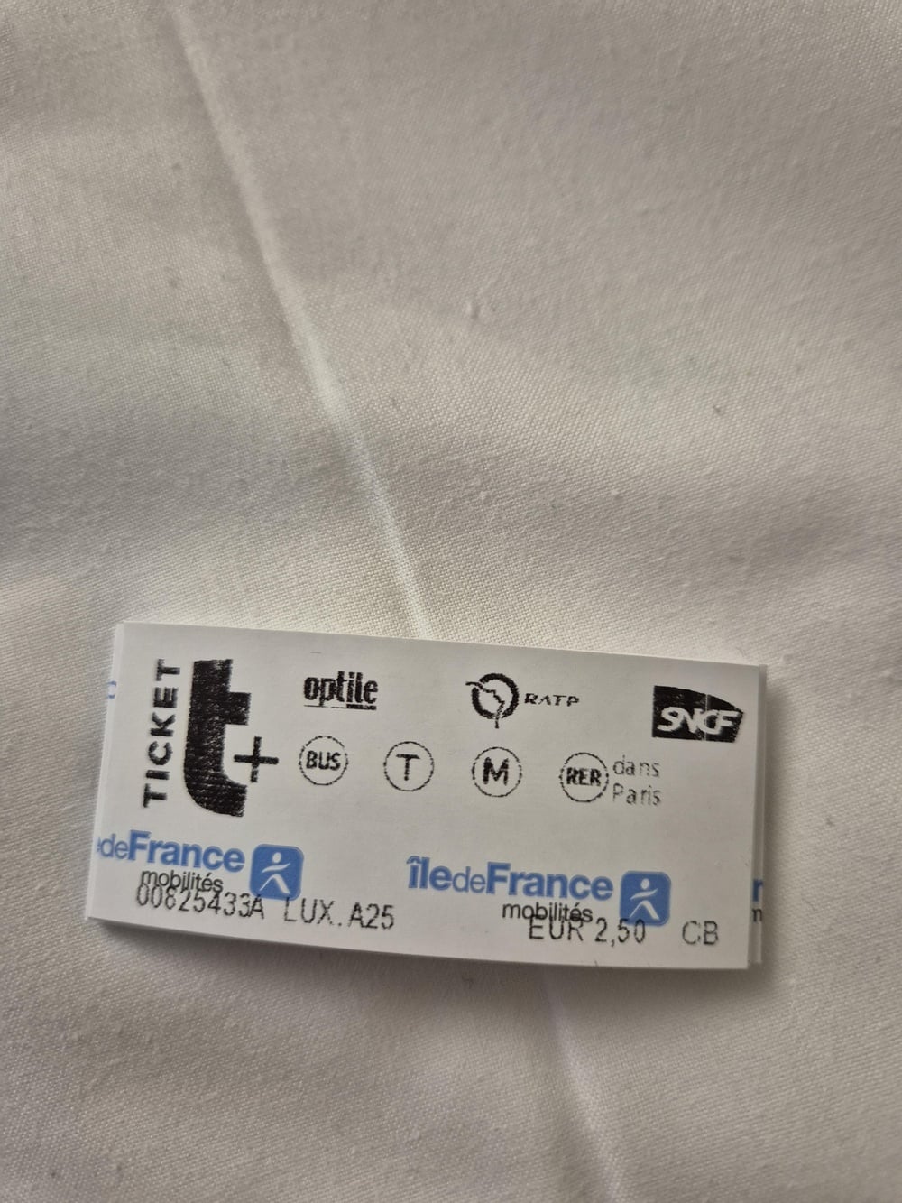 A Paris public transport Ticket t+ showing icons for bus, tram, metro, and RER lines, priced at 2.50 EUR.